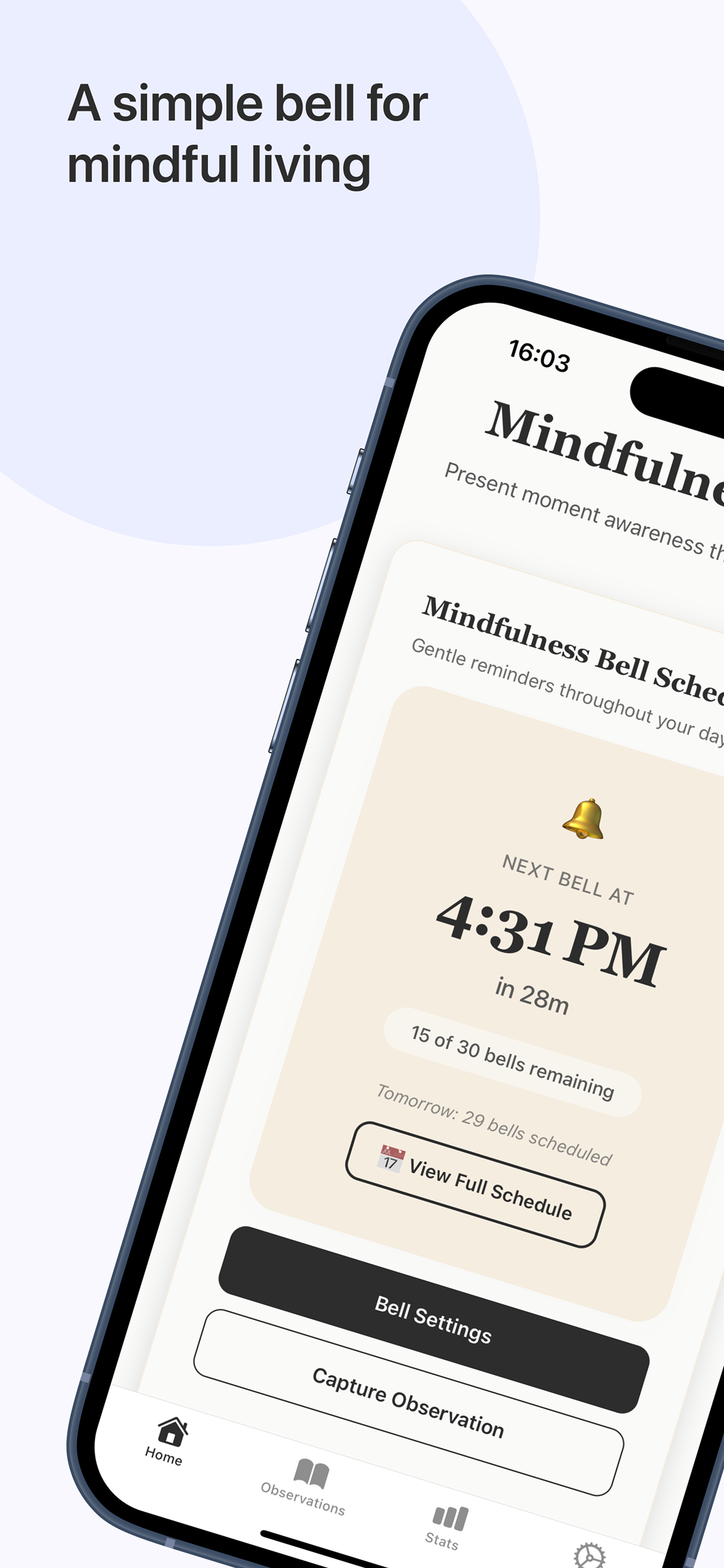 The Mindfulness Bell home screen showing bell schedule